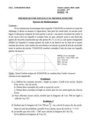 Première page de Mathématiques 4e, 4e ML — 1er devoir surveillé, 1er semestre (2019-2020) · CEG ATROKPOCODJI
