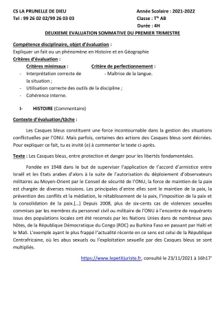 Première page de Histoire-Géographie Tle A2, Tle B — 2e évaluation sommative, 1er trimestre (2021-2022) · CEPG La Prunelle de Dieu