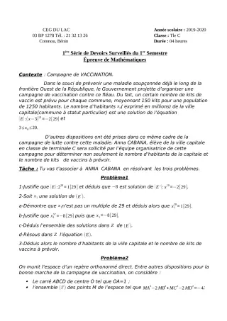 Première page de Mathématiques Tle C — 1er devoir surveillé, 1er semestre (2019-2020) · CEG du Lac