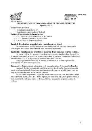 Première page de SVT 2nde A & B — 2e évaluation sommative, 1er semestre (2018-2019) · CEG Sékou