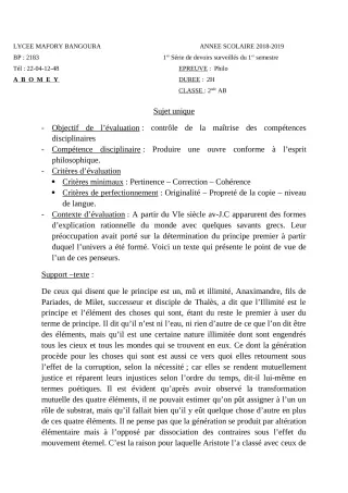 Première page de Philosophie 2nde A & B, 2nde D, 1ère A & B, 1ère D, Tle A & B, Tle D — 1er devoir surveillé, 1er semestre (2018-2019) · Lycée Houegbadja d'Abomey (Ex Mafory Bangoura)