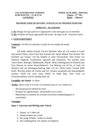 Première page de Allemand 3e, 3e ML — 1er devoir surveillé, 1er semestre (2020-2021) · CEG Kouhounou-Vêdoko