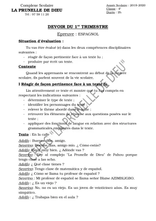 Première page de Espagnol 4e ML — Devoir surveillé, 1er trimestre (2019-2020) · CEPG La Prunelle de Dieu
