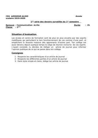 Première page de Français 3e, 3e ML — 1er devoir surveillé, 1er semestre (2019-2020) · CEG AZOHOUE-ALIHO