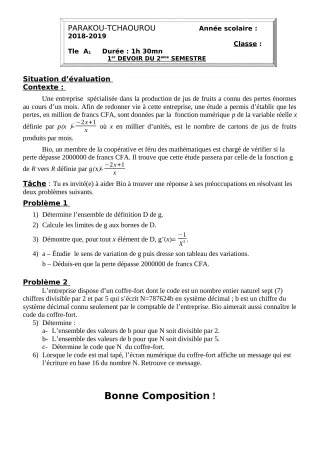 Première page de Mathématiques Tle A1 — Composition, 2e semestre (2018-2019) · CEG Albarika