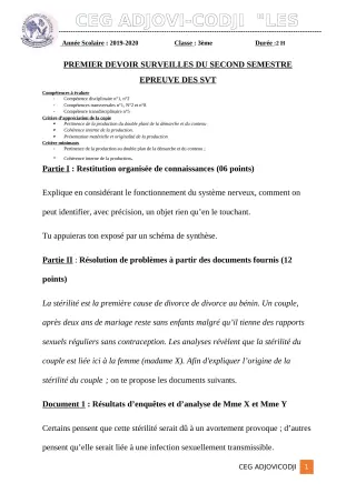 Première page de SVT 3e — 1er devoir surveillé, 2e semestre (2019-2020) · CEG ADJOVICODJI 'LES OLIVIERS'