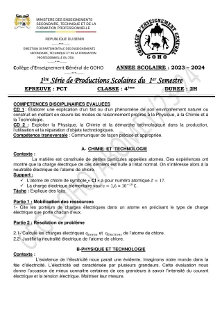 Première page de PCT 4e — 1re production scolaire, 1er semestre (2023-2024) · CEG GOHO