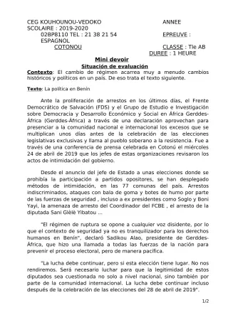 Première page de Espagnol Tle A1, Tle A2, Tle B — 1er devoir surveillé (2019-2020) · CEG Kouhounou-Vêdoko