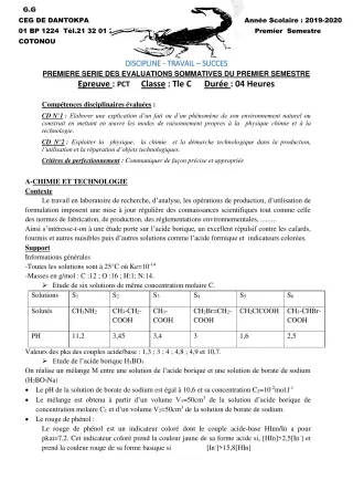 Première page de PCT 6e, 5e, Tle C, Tle D — 1re évaluation sommative, 1er semestre (2019-2020) · CEG Dantokpa