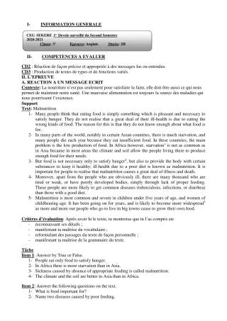 Première page de Anglais 3e, 3e ML — 1er devoir surveillé, 2e semestre (2020-2021) · CEG SEKERE