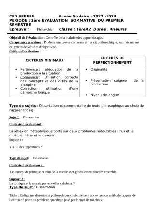 Première page de Philosophie 1ère A2 — 1re évaluation sommative, 1er semestre (2022-2023) · CEG SEKERE
