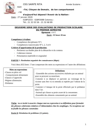 Première page de SVT 6e — Production scolaire, 1er semestre (2019-2020) · CEG Sainte Rita