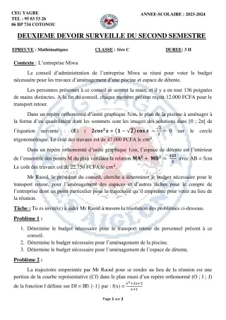 Première page de Mathématiques 1ère C — 2e devoir surveillé, 2e semestre (2023-2024) · CEG Yagbe
