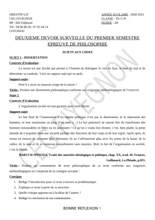 Première page de Philosophie Tle C, Tle D — 2e devoir surveillé, 1er semestre (2020-2021) · CEG FIYEGNON