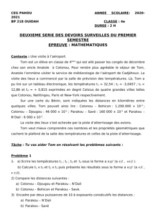 Première page de Mathématiques 4e — 2e devoir surveillé, 1er semestre (2020-2021) · CEG PAHOU