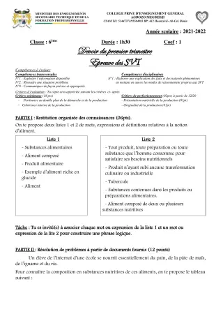 Première page de SVT 6e, 5e, 4e, 3e, 3e ML, 2nde B, 2nde D, 1ère A2, 1ère B, 1ère D, Tle A2, Tle B, Tle D — Composition, 1er trimestre (2021-2022) · CPEG AGBOZO MEGBEDJI