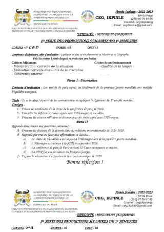 Première page de Histoire-Géographie 6e, 5e, 4e, 4e ML, 3e, 3e ML, 2nde A, 2nde A1, 2nde A2, 2nde C, 2nde D, 1ère A, 1ère A1, 1ère A2, 1ère C, 1ère D, Tle A1, Tle A2, Tle C, Tle D — 1re production scolaire, 1er semest