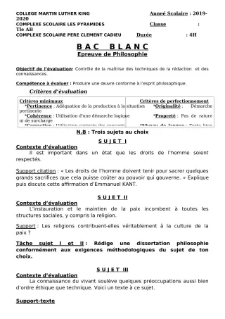 Première page de Devoir surveillé de PHILO — 2nde A, 2nde B, 2nde D, 1ère A, 1ère B, 1ère C, 1ère D, Tle A, Tle B, Tle C, Tle D — CPEG Martin Luther King Cotonou (2019)