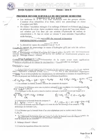 Première page de PCT 1ère D — 1er devoir surveillé, 2e semestre (2019-2020) · CEG ADJOVICODJI 'LES OLIVIERS'
