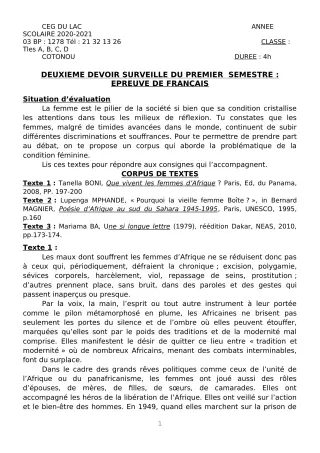 Première page de Français Tle A2, Tle B, Tle C, Tle D — 2e devoir surveillé, 1er semestre (2020-2021) · CEG du Lac