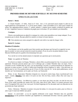 Première page de Français 5e — 1er devoir surveillé, 2e semestre (2022-2023) · CEG LE NOKOUE