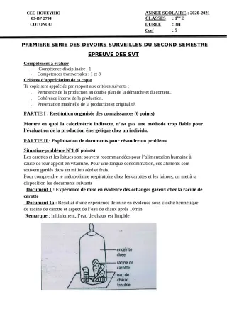 Première page de SVT 1ère D — 1er devoir surveillé, 2e semestre (2020-2021) · CEG HOUEYIHO
