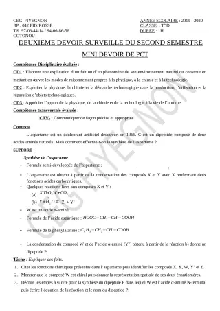 Première page de PCT Tle D — 2e devoir surveillé, 2e semestre (2019-2020) · CEG FIYEGNON