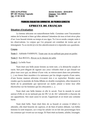 Première page de Français 1ère B — 1re évaluation sommative, 1er semestre (2018-2019) · CEG Le Plateau