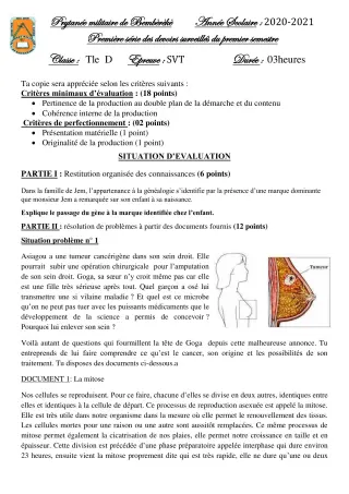 Première page de SVT Tle D — 1er devoir surveillé, 1er semestre (2020-2021) · PMB