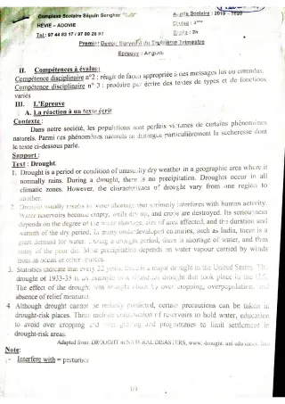 Première page de Devoir surveillé de ANGLAIS — 3e ML — CPEG SEGUIN SENGHOR (2019)