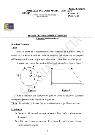 Première page de Mathématiques 4e — 1er devoir surveillé, 1er trimestre (2019-2020) · CPEG MARIA GRACIA