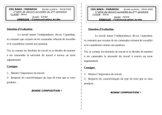 Première page de Français 4e — 1er devoir surveillé, 2e semestre (2019-2020) · CEG BAKA