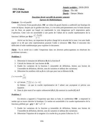 Première page de Mathématiques Tle A1, Tle A2, Tle B — 2e devoir surveillé, 1er semestre (2018-2019) · CEG PAHOU