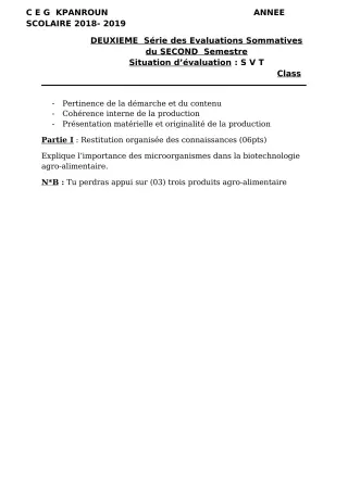 Première page de SVT 1ère D — 2e évaluation sommative, 2e semestre (2018-2019) · CEG Kpanroun