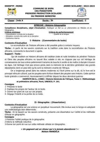 Première page de Histoire-Géographie 2nde A — 1re production scolaire, 1er semestre (2022-2023) · CEG POSSOTOME