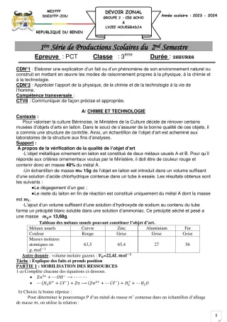 Première page de PCT 3e — 1re production scolaire, 2e semestre (2023-2024) · CEG GOHO