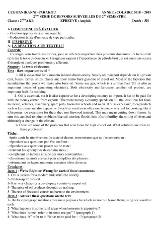 Première page de Anglais 2nde A2, 2nde B — 2e devoir surveillé, 2e semestre (2018-2019) · CEG Banikanni