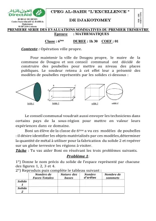 Première page de Mathématiques 6e, 5e — 1re évaluation sommative, 1er trimestre (2023-2024) · CPEG L'EXCELLENCE