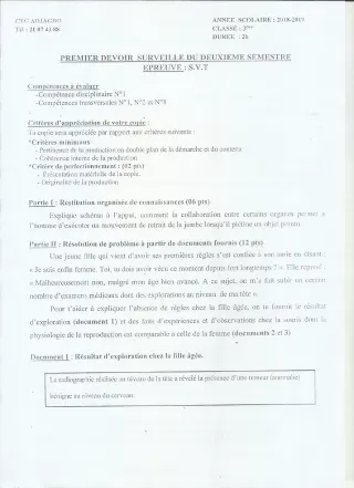 Première page de SVT 3e, 3e ML — 1er devoir surveillé, 2e semestre (2018-2019) · CEG ADJAGBO
