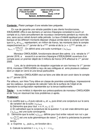 Première page de Mathématiques 1ère C — 1er devoir surveillé, 2e semestre (2021-2022) · CEG2 ABOMEY - CALAVI (CEG ZOCA)
