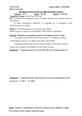 Première page de SVT Tle A & B — 2e devoir surveillé, 1er semestre (2019-2020) · CEG AYOU