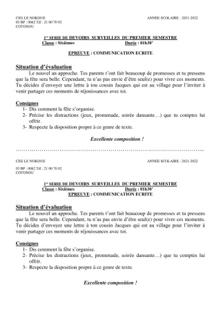Première page de Français 6e — 1er devoir surveillé, 1er semestre (2021-2022) · CEG LE NOKOUE