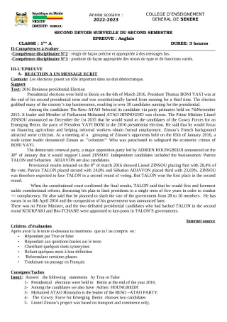Première page de Anglais 1ère A2 — 2e devoir surveillé, 2e semestre (2022-2023) · CEG SEKERE