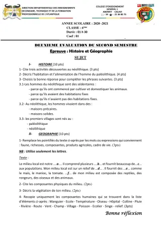 Première page de Histoire-Géographie 6e — 2e semestre (2020-2021) · CEG1 Abomey-Calavi
