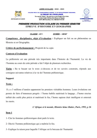Première page de Histoire-Géographie 6e, 5e, 4e, 3e, 2nde A1, 2nde A2, 2nde B, 2nde D, 1ère D, Tle A1, Tle A2, Tle B, Tle D — 1re production scolaire, 1er semestre (2022-2023) · CPEG le Creuset de l'Excellence