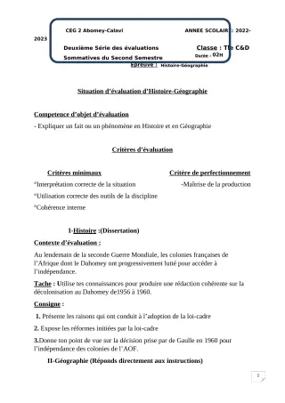 Première page de Histoire-Géographie Tle C — 2e évaluation sommative, 2e semestre (2022-2023) · CEG2 ABOMEY - CALAVI (CEG ZOCA)