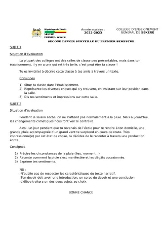 Première page de Français 6e — 2e devoir surveillé, 1er semestre (2022-2023) · CEG SEKERE