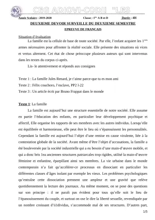 Première page de Français 1ère B — 2e devoir surveillé, 2e semestre (2019-2020) · CEG ADJOVICODJI 'LES OLIVIERS'