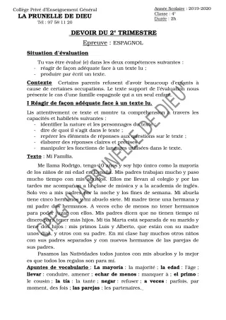 Première page de Espagnol 4e ML — Devoir surveillé, 2e trimestre (2019-2020) · CEPG La Prunelle de Dieu