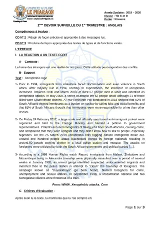 Première page de Anglais Tle C, Tle D — 2e devoir surveillé, 1er trimestre (2019-2020) · CPEG LE PHARAON